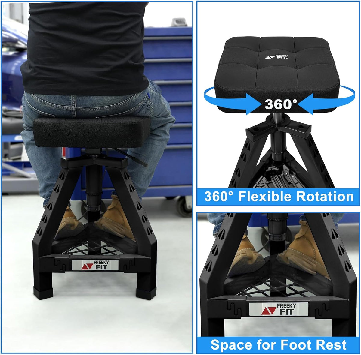 Adjustable Shop Stool,Garage Mechanic Stool Chair,Work Seat for Workshop, Adjustable Height, 360° Swivel Padded Square Seat,Tool Storage, 350 LBS Capacity, Heavy Duty, Black