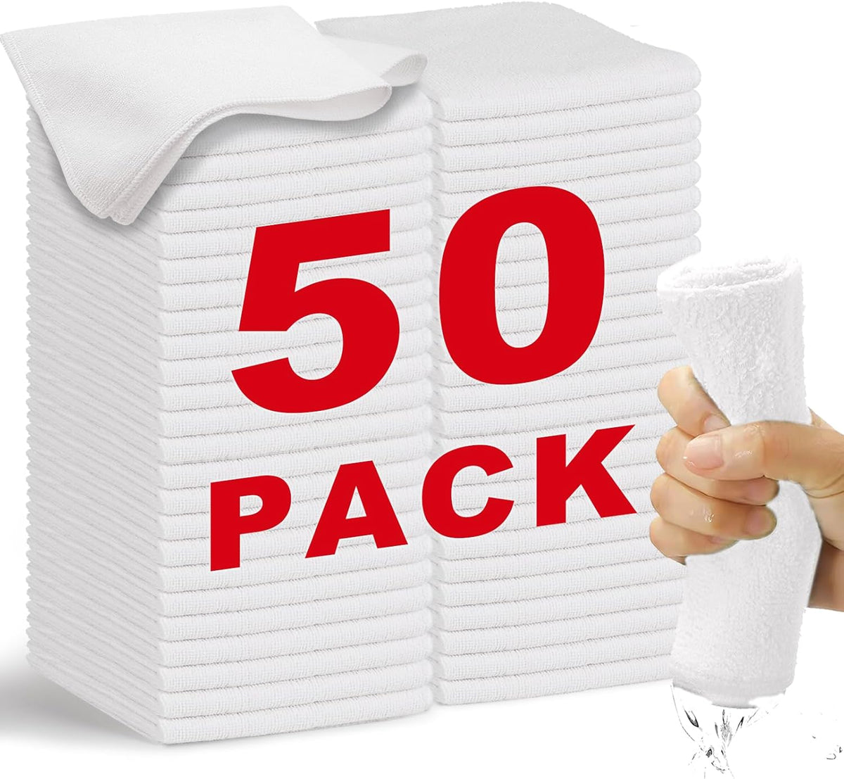 Microfiber Cleaning Cloth-50Pcs (13x13 inch) Ultra Soft Highly Absorbent Rags, Reusable Lint-Free Cleaning Towels for Housekeeping-Machine Wash (White)