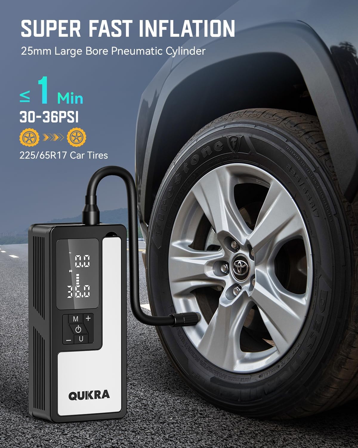 P009 Tire Inflator Portable Air Compressor, 4× Faster 150PSI Air Pump, Auto Shut-off Cordless Tire Pump, Smart Air Compressor with LED Light and Pressure Gauge for Car Motorcycle Bike and Ball
