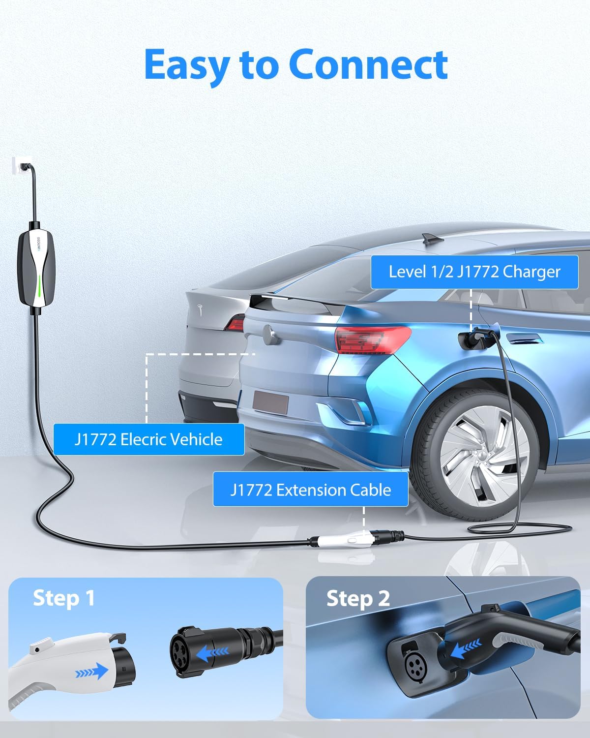 EV Charger Extension Cable, 21ft 40Amp J1772 Extension Cable Compatible with 110V-240V SAE J1772 EV Chargers, Suitable for J1772 EVs/PHEVs, Level 1/ Level 2 IP66 Car Charger Extension Cord with Bag