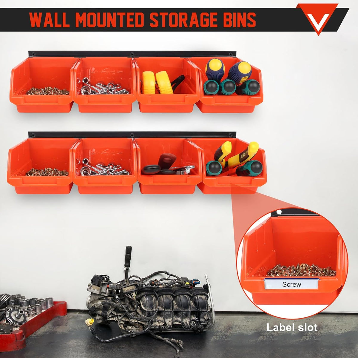 Screw Organizer Wall Mount Hardware Organizer Garage Storage Bins Box Small Parts Organizer with 8 Removeable Bins Bolt Bins for Shop for Garage Shed Workshop Craft Room