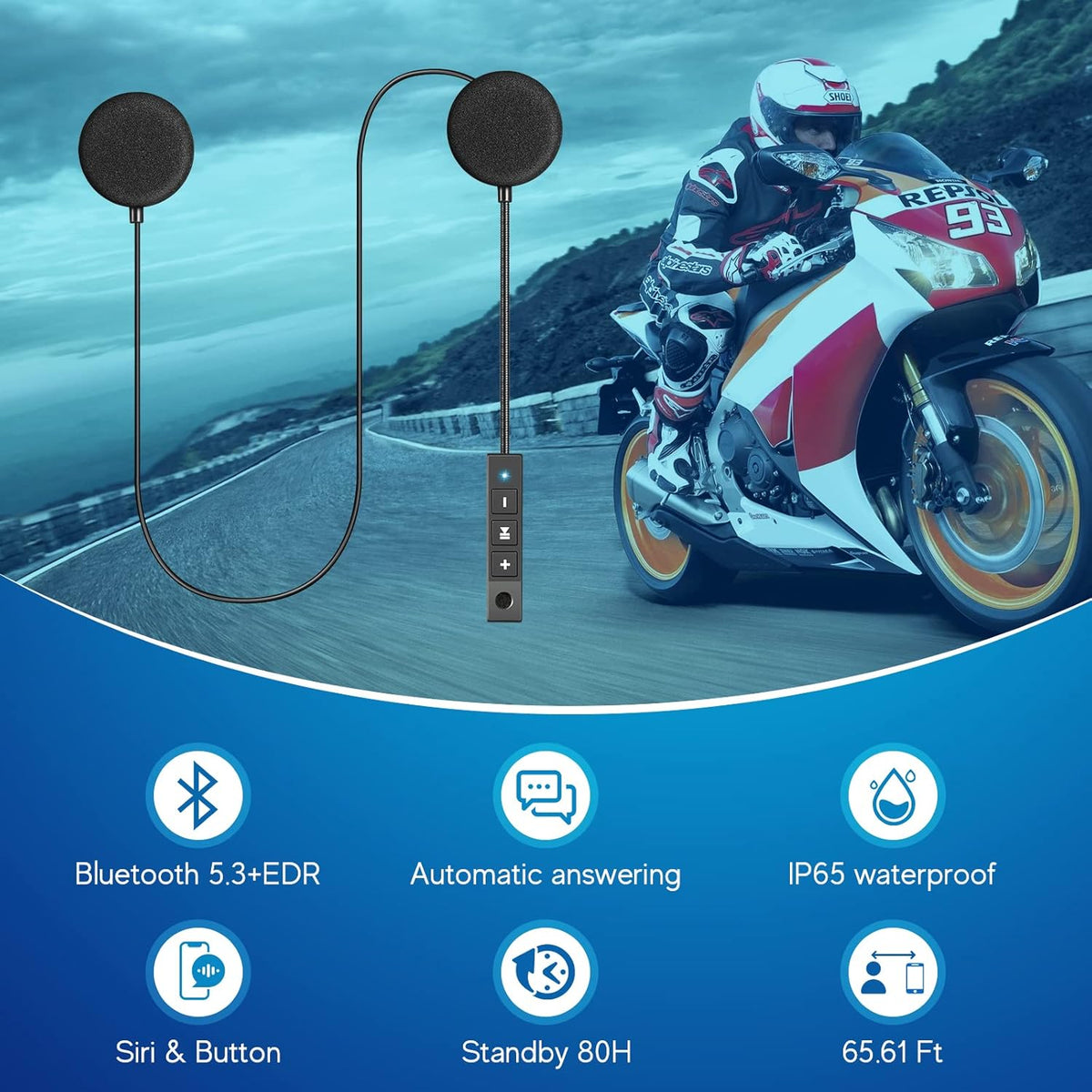 MAXTO Motorcycle Helmet Bluetooth Headset Outdoor Hands-Free Speaker Bluetooth 5.3 EDR Wireless Motorcycle Headset Automatic anwser High Sound Quality Headphone