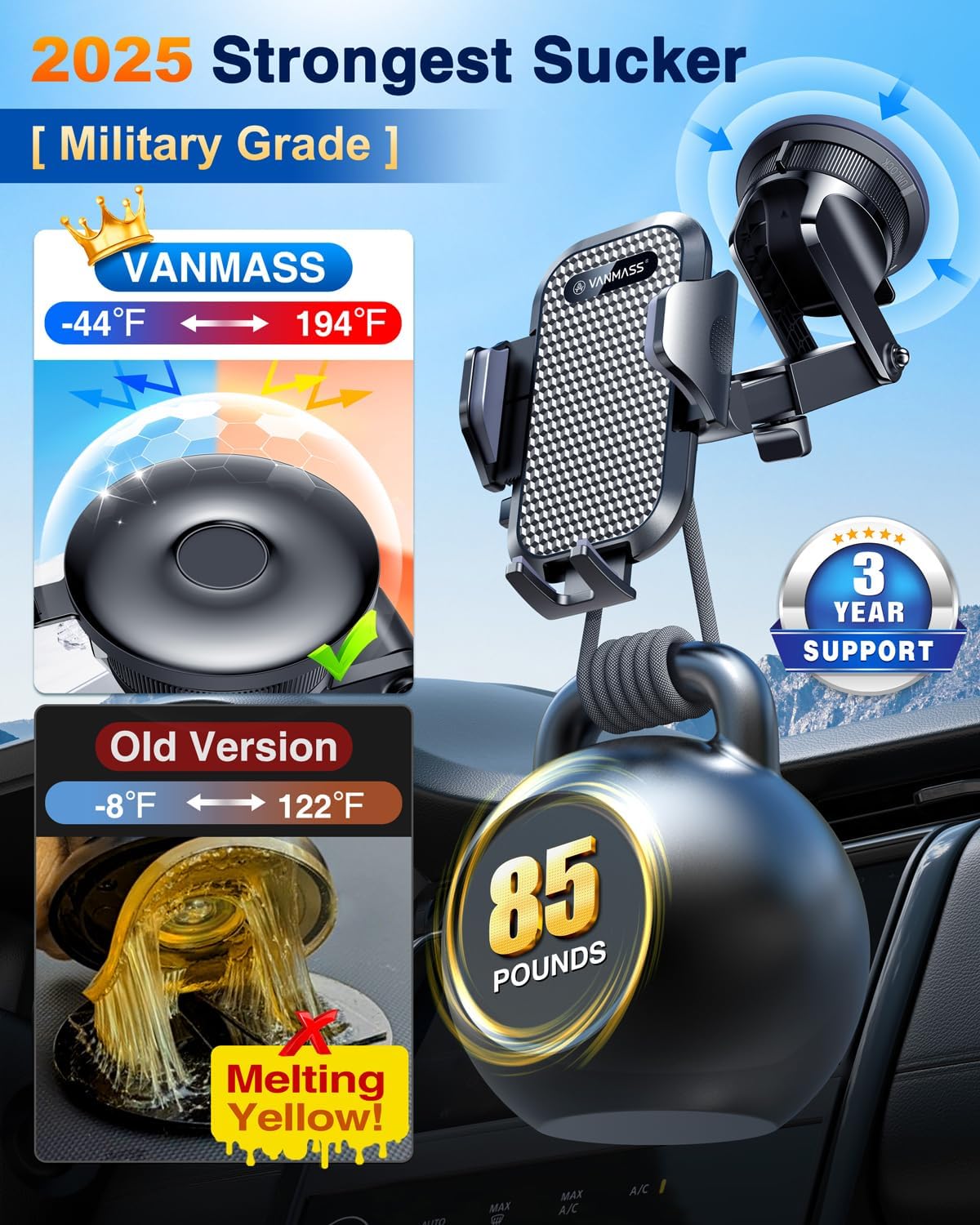 VANMASS [Pro Version] Universal Car Phone Mount [2025 Super Suction Cup] Phone Holder for Car, Cell Phone Car Mount for Windshield Dash Vent Truck Stand for iPhone 16 Pro Max 15 14 13 Samsung Android