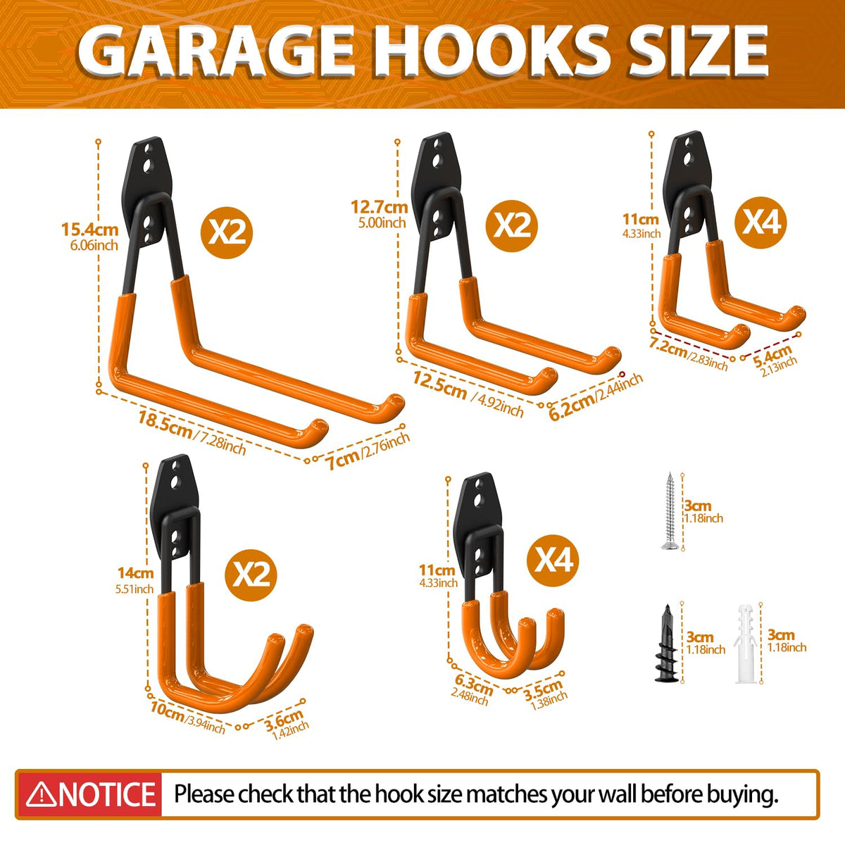 3-H Garage Wall Hooks 14 Pack, Garage Hooks Heavy Duty with Extra Welding Spots, Wall Mount Storage Organizer for Hanging Garden Lawn Tools Ladder Bike WeedEater Chair Shovel Blower (Orange)