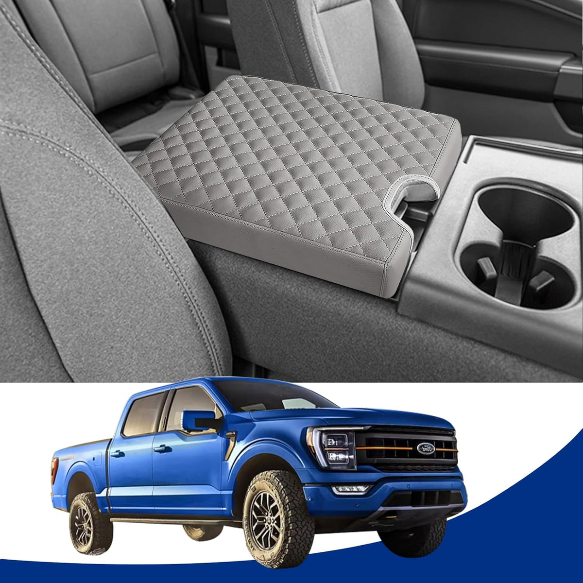 Center Console Armrest Cover for Ford F150 2015-2022, F250 F350 F450 F550 2017-2022, PU Leather Car Interior Accessories, Middle Console Cover Box Lid Protector Cushion Pad (40/20/40 Split Seat Only)