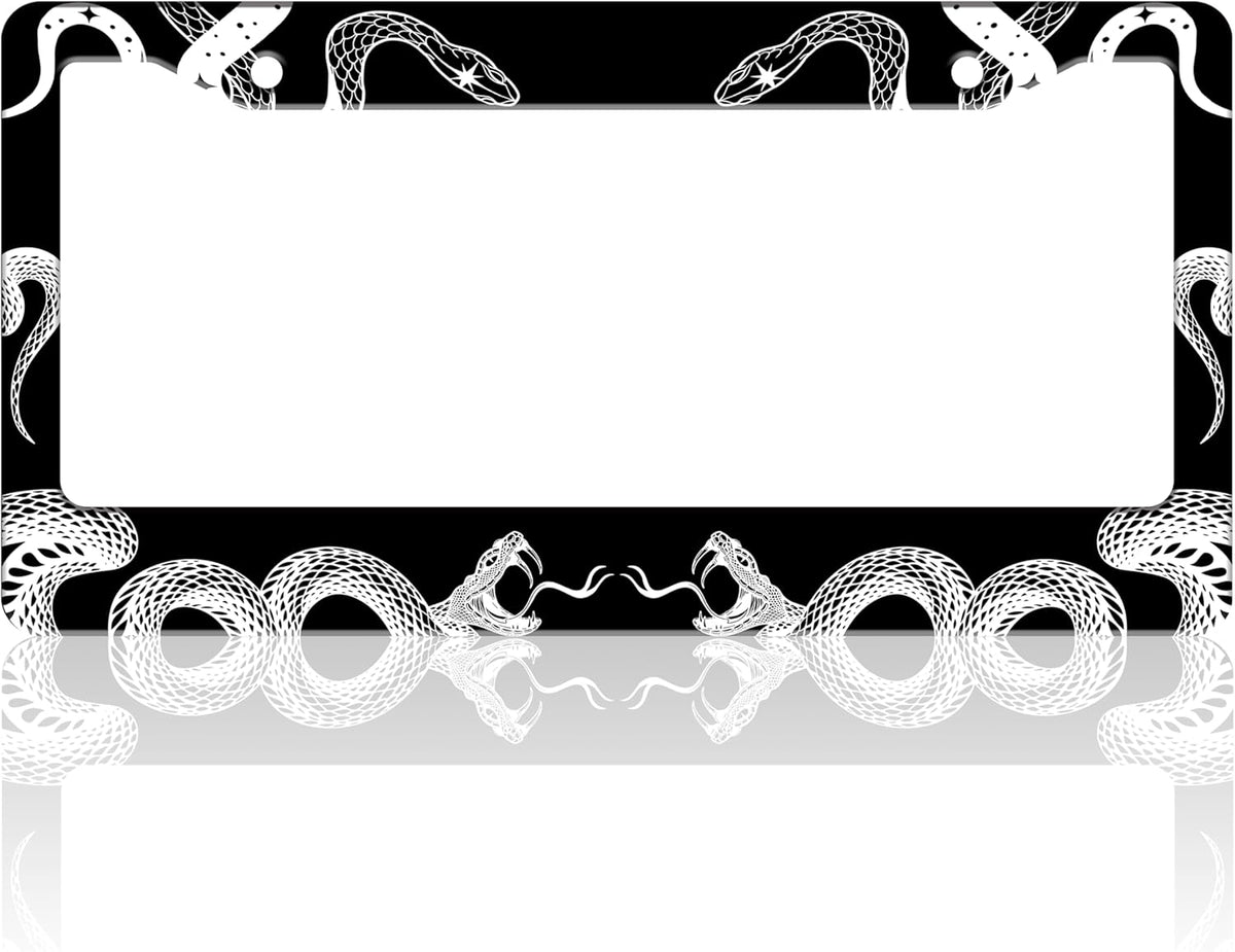 Black and White Snake Crawling License Plate Frame Gothic License Plate Holder for Front or Rear Car Tags Stainless Steel Funny Car Decoration with Screws 6.3 X 12.2 in