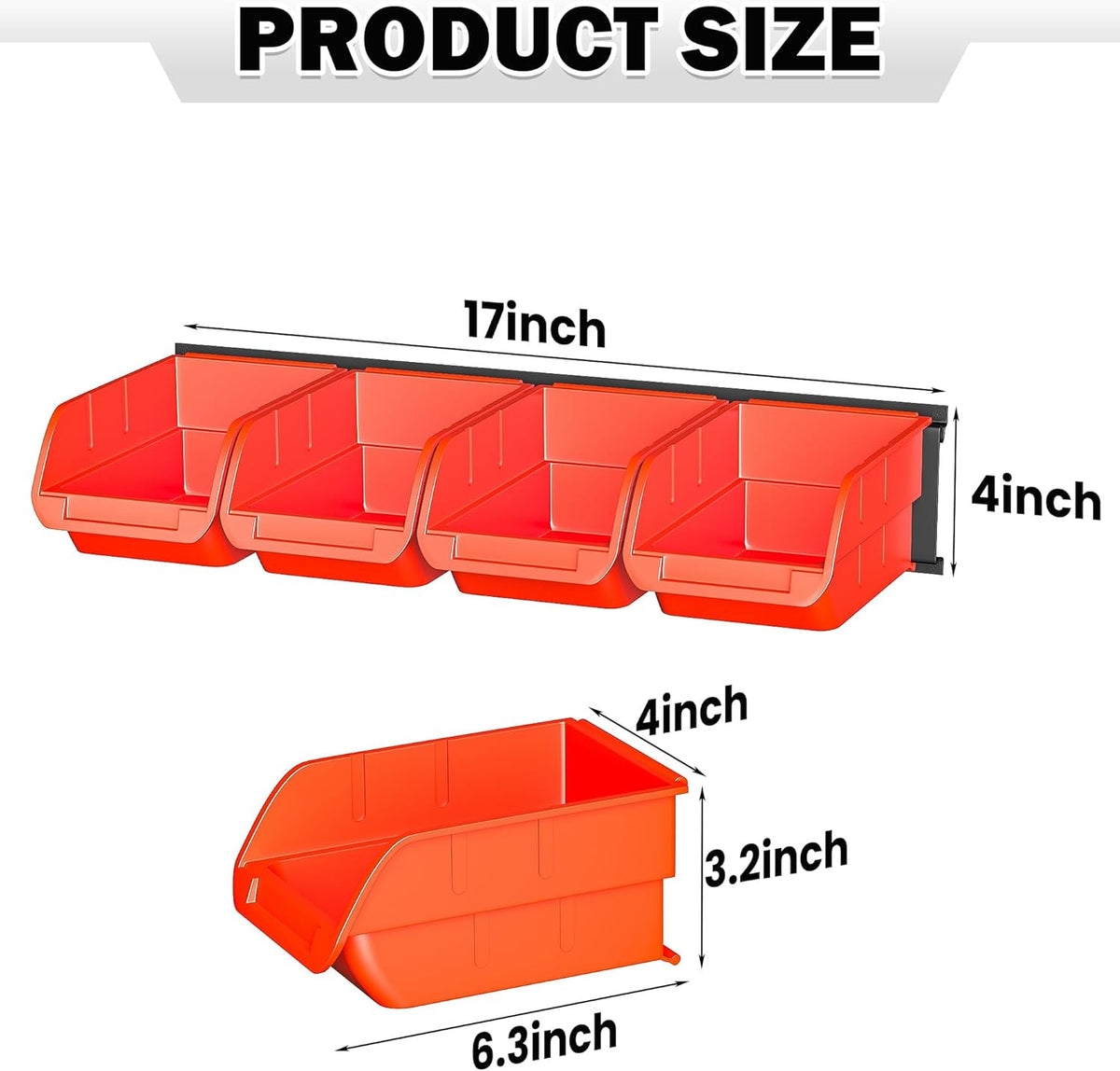 Ultrawall Wall Mounted Storage Bins, Plastic Hanging Storage Organizer Bins, Garage Tool Storage System for Screws, Nuts, Bolts, Nails, and Small Hardware Parts, 16x bins & 4 x rails, Orange