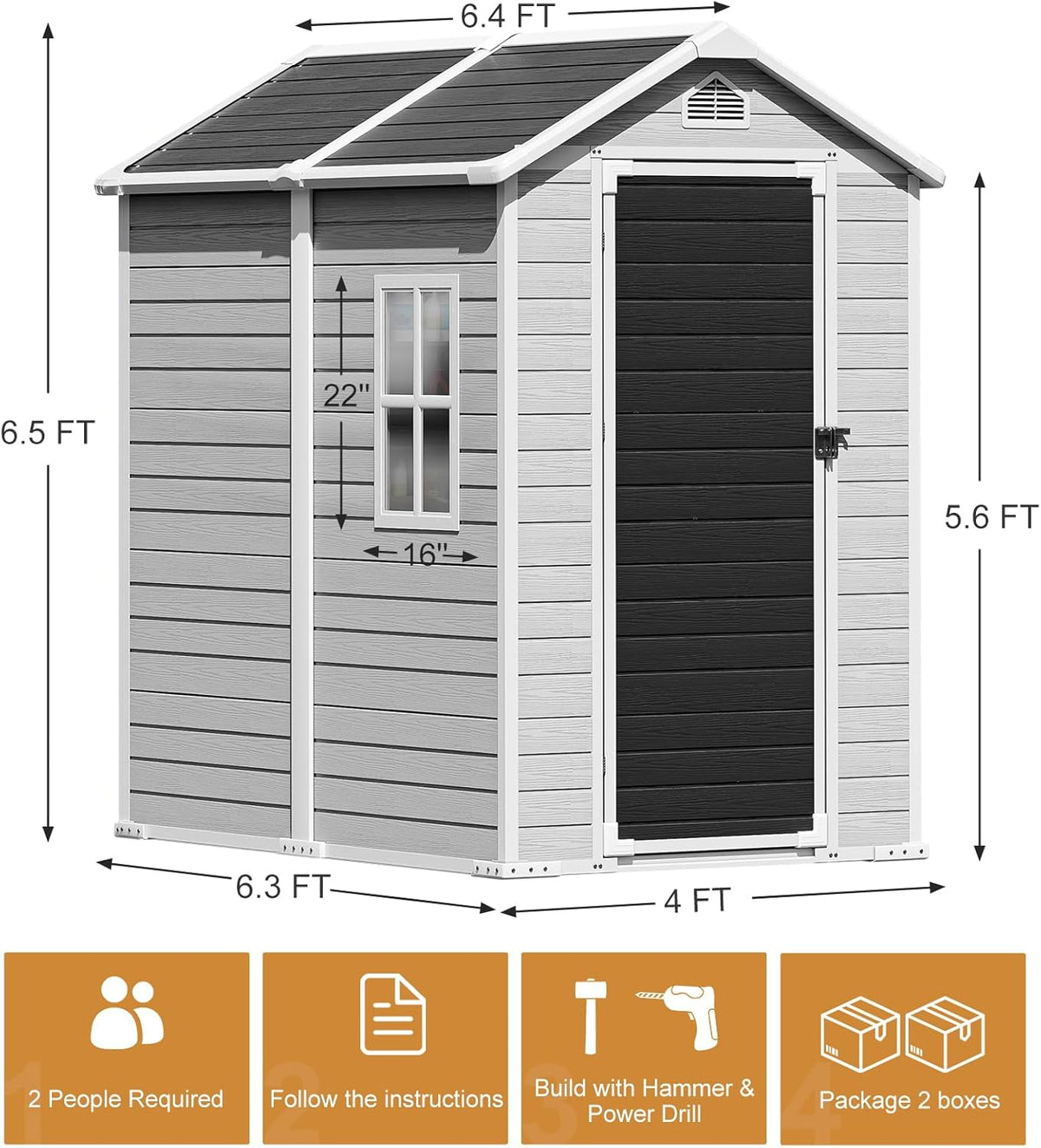 6x4 FT Resin Storage Shed for Outdoor, Waterproof Plastic Sheds with Floor Window Door Inlcuded, Outside Tool Storage for Garden Backyard Patio Lawn, Gray