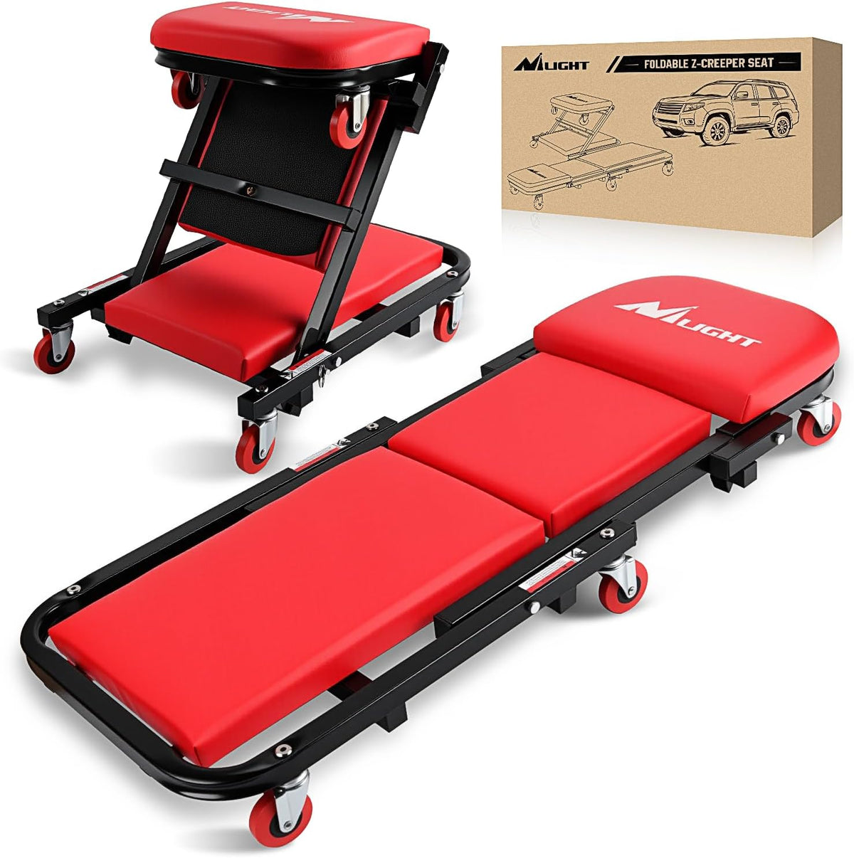 Nilight 40" Z Creeper - 2-in-1 Folding Rolling Mechanic Seat, 40 inches Adjustable Lay-Down or Sit Garage Chair, 330 lbs Capacity, Red Black