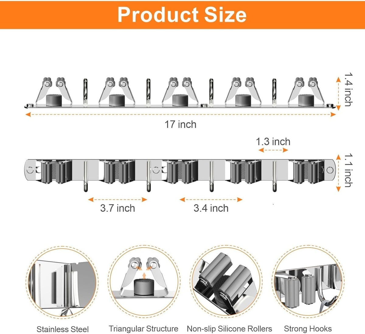 Broom and Mop Organizer Wall Hanging, Upgraded Mop and Broom Holder Wall Mount, Stainless Steel Broom Hanger Wall Mount for Laundry Room Organization and Storage（5 Racks with 4 Hooks）