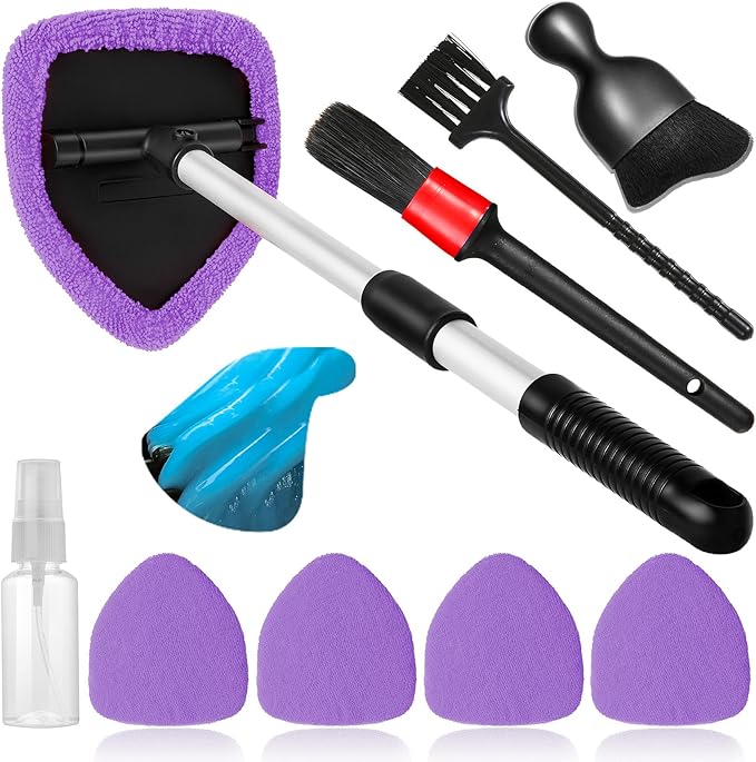 Qydipclin 10pcs Windshield Cleaner Tool, Car Window Cleaning Wash Kit with 4 Reusable Microfiber Pads 1 Spray Bottle and Extendable Handle Auto Glass Wiper Kit, Purple