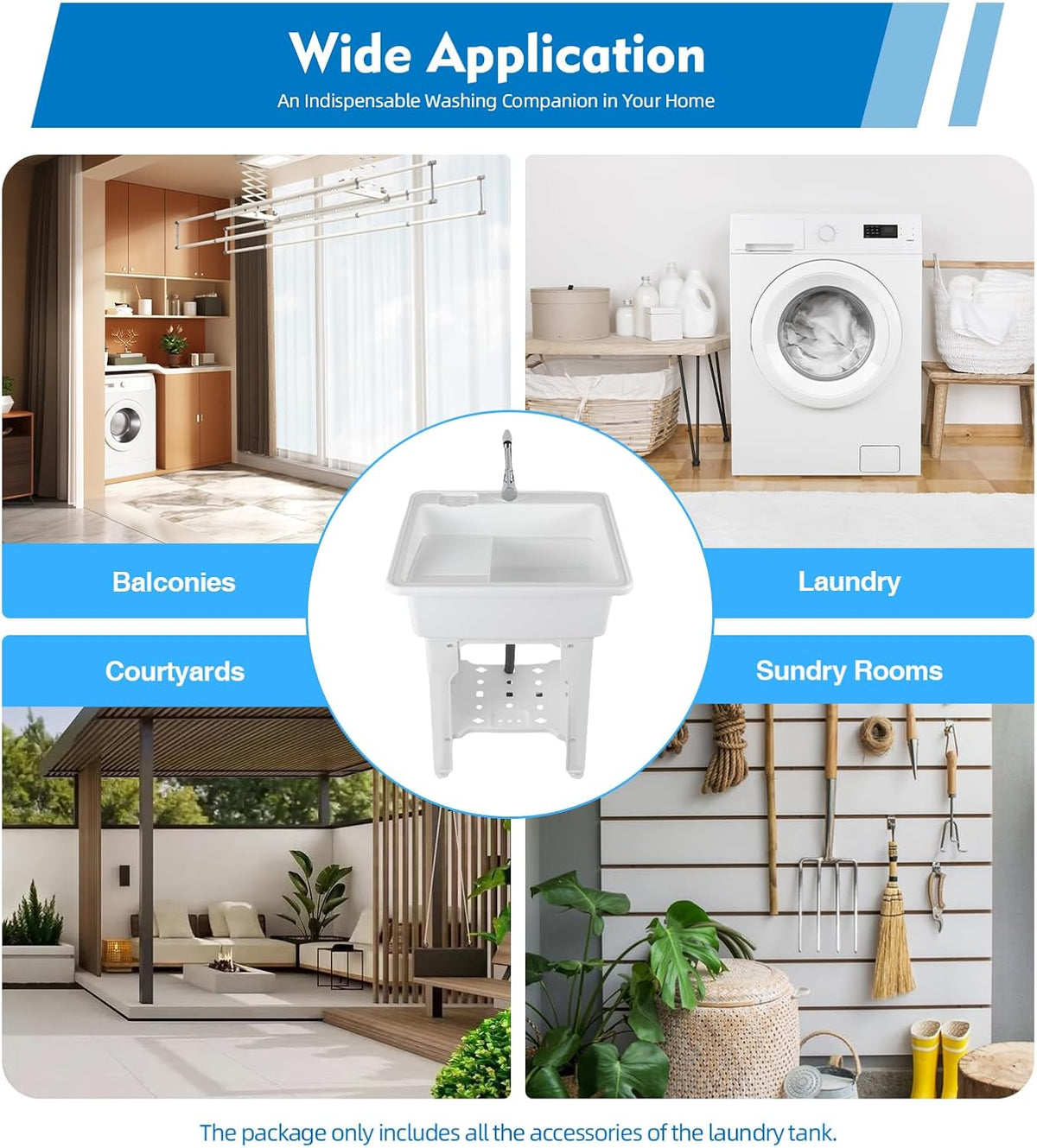 Freestanding Utility Sink Plastic Laundry Sink Spacious Laundry Tub Sink with Storage Shelf Indoor Outdoor Slop Sink Wash Station for Bathroom Laundry Washing Room (White, 25.6*21.65*31.5in)