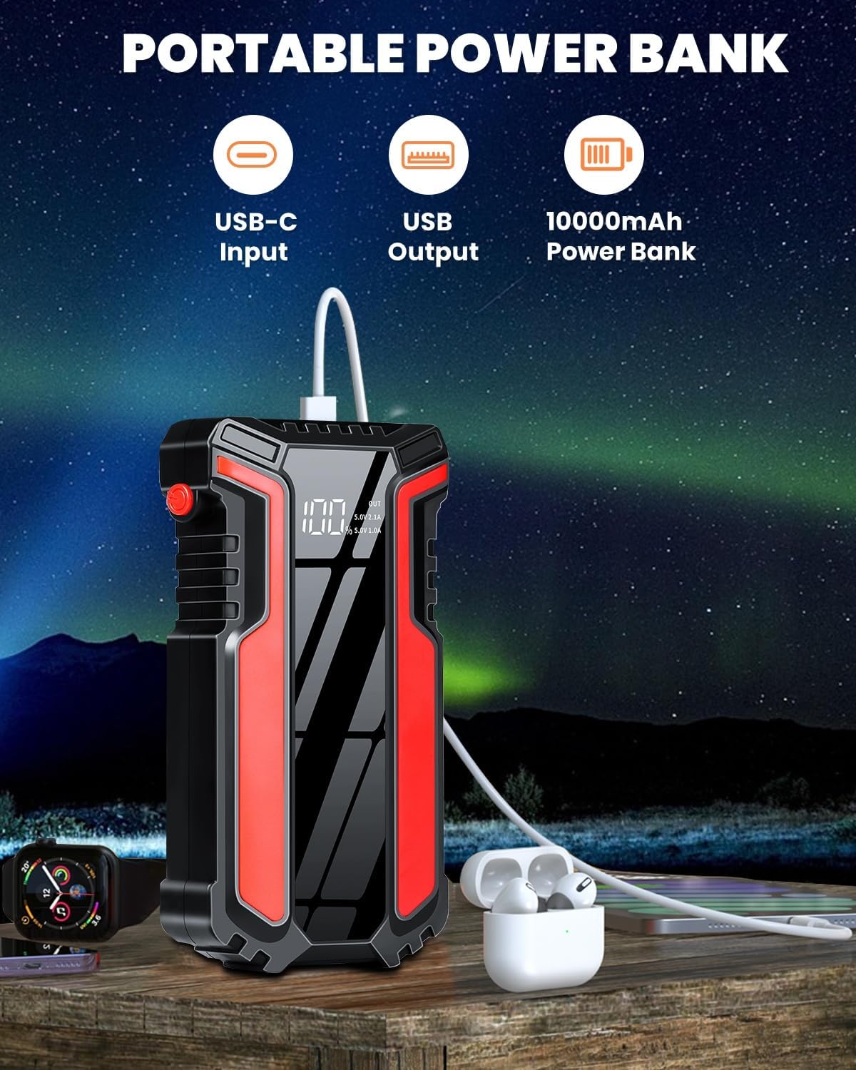 Car Jump Starter 3000A, Car Battery Jump Starter for Up to 10.0L Gas & 10.0L Diesel Engine, 12V Jump Box Portable Jump Starter Battery Pack with LED Light, Jumper Cables