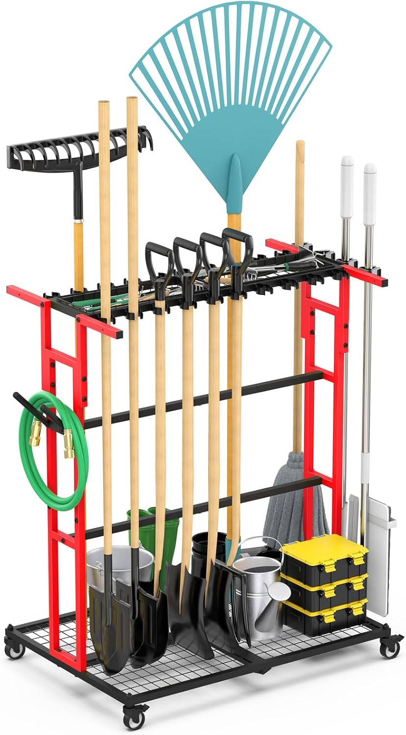 CCCEI Garage Organization with Wheels, Outdoor Gargen Yard Shed Tools Organizer Cart, Home Storage for Cleaning Supplies, Broom Holder, for Shovel and Rake, Long Farming and Farming Tools, Red.