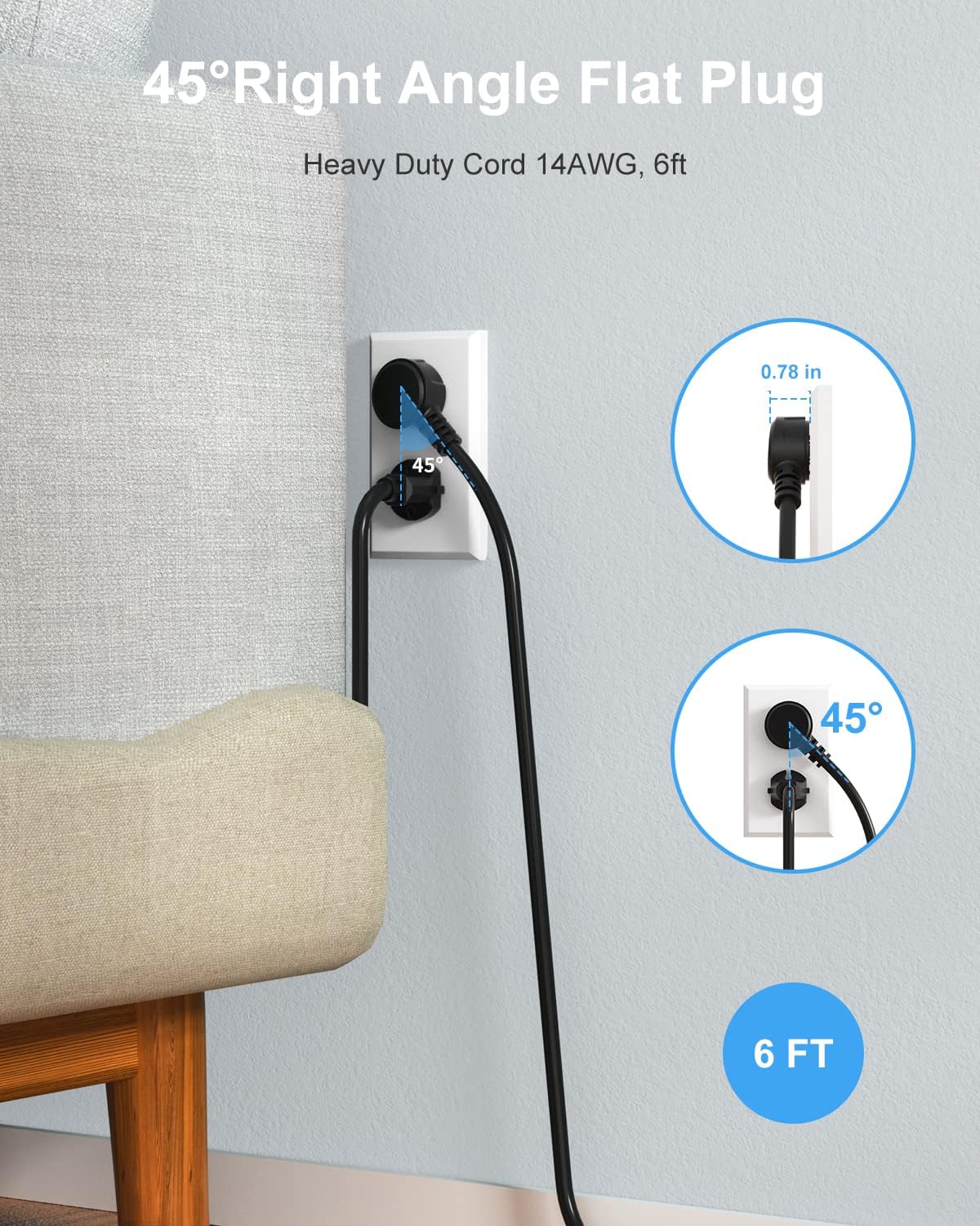 Black Appliance Extension Cord with Individual Switches on Off - 6 FT, 14 Gauge Heavy Duty Extension Cord with 5 AC Outlets, Wall Mountable, High Wattage for Microwave Workbench Garage Must Have, ETL