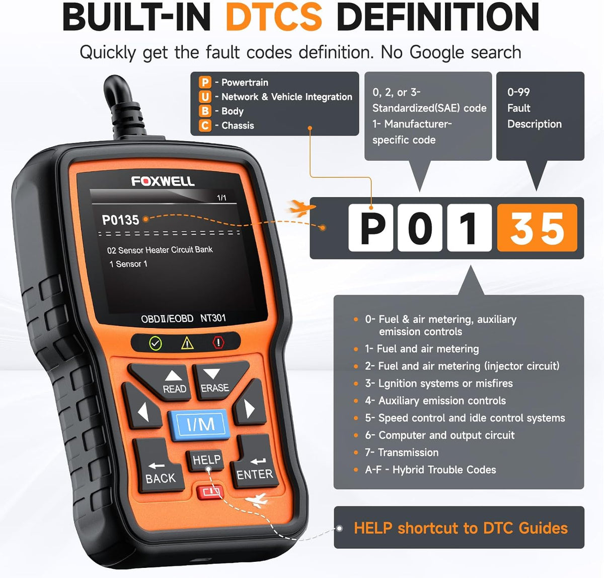 FOXWELL NT301 OBD2 Scanner Graphing Live Data Diagnostic Code Reader Professional Mechanic OBDII Scan Tool for Check Engine Light 2.8'' Color Screen OBD II Scanner for 1996 or Newer Vehicle