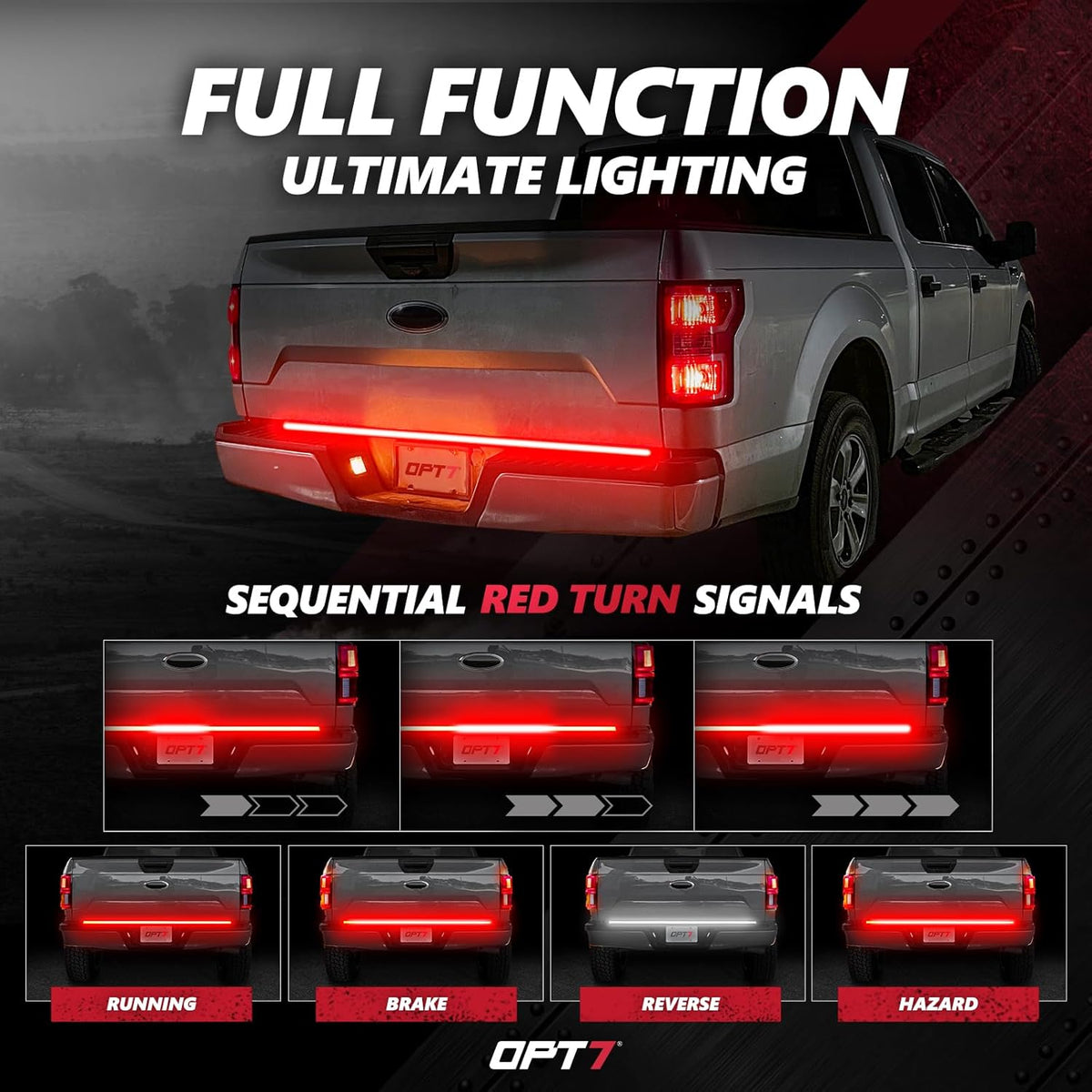 OPT7 60" Redline Triple Row LED Tailgate Light Bar w/Sequential RED Turn Signal - Weatherproof Rigid Aluminum Frame Light Strip for F150 RAM Silverado Sierra - Full Functions Reverse Brake Running