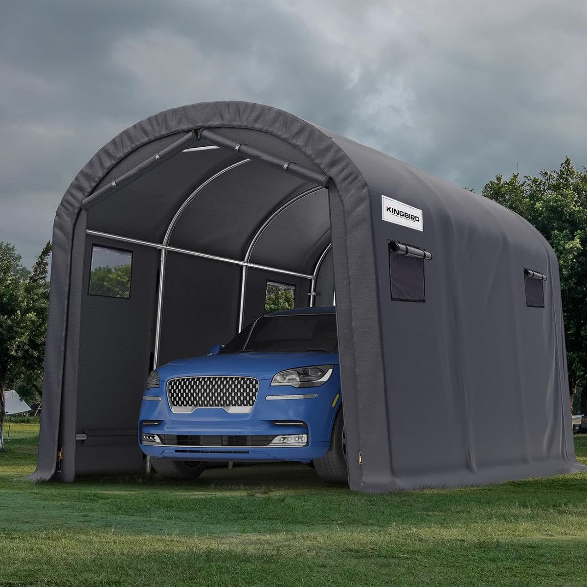 KING BIRD 10' x 15' Heavy Duty Round Style Carport with Roll-up Ventilated Windows Car Tent Carport Tent Outdoor Instant Garage Car Canopy with Reinforced Ground Bars