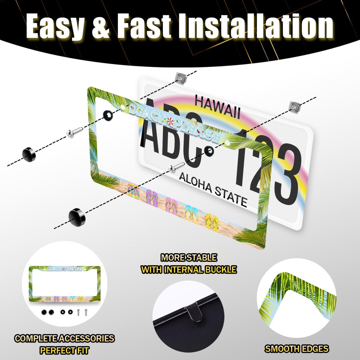 Beach Please License Plate Frame Hawaii Flip Flops License Plate Stainless Steel Auto Parts Funny License Plate Holder Men Women Decoration with Screw License Plate Holder 12"x6"