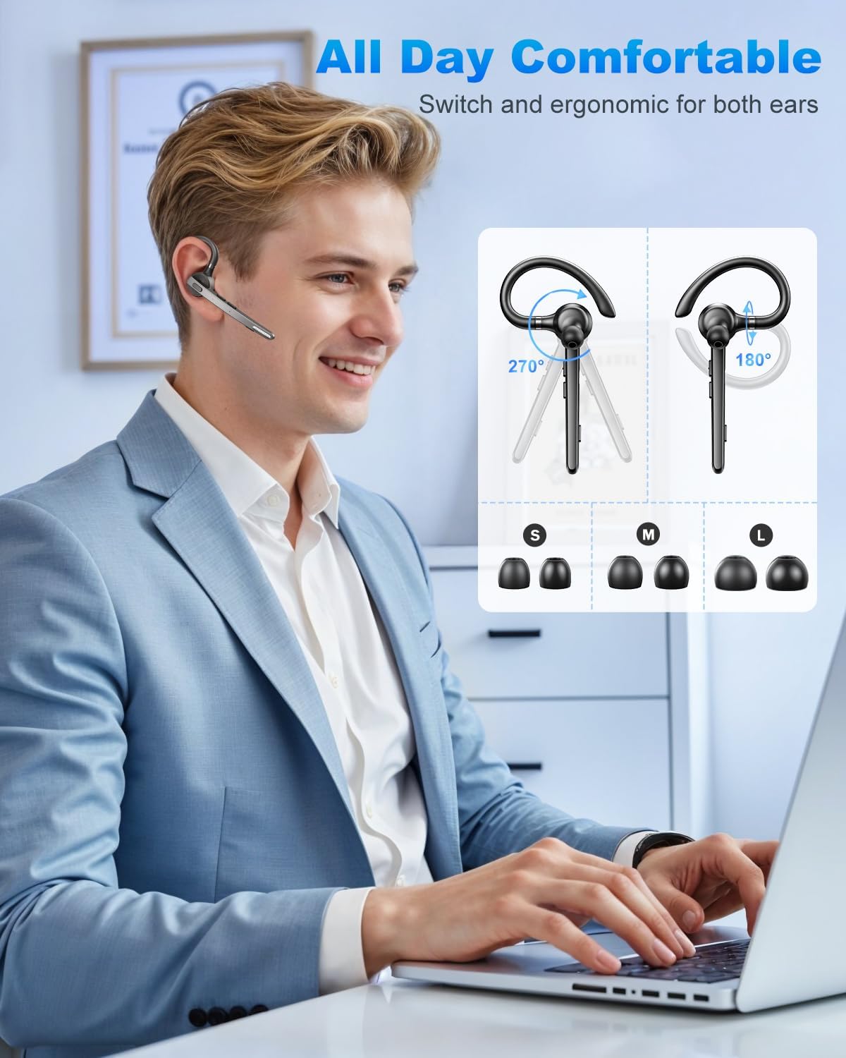 FEYCH Bluetooth Headset, Bluetooth Earpiece with 500mAh Charging Case 72H Talktime ENC Noise Cancelling Microphone V5.1 Hands-Free Wireless Headset for Cell Phone Call Office Business Driving
