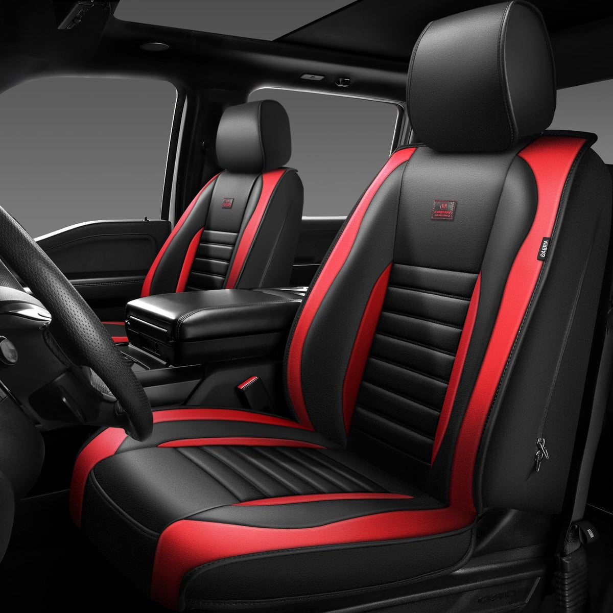 CAR PASS Nappa Leather Car Seat Covers Front Seats, Luxury Seat Protector for Cars, Waterproof Anti-Slip Seat Cushion Armrest Compatible Airbag Universal for Sedan SUV Pick-up Truck Auto, Black Red