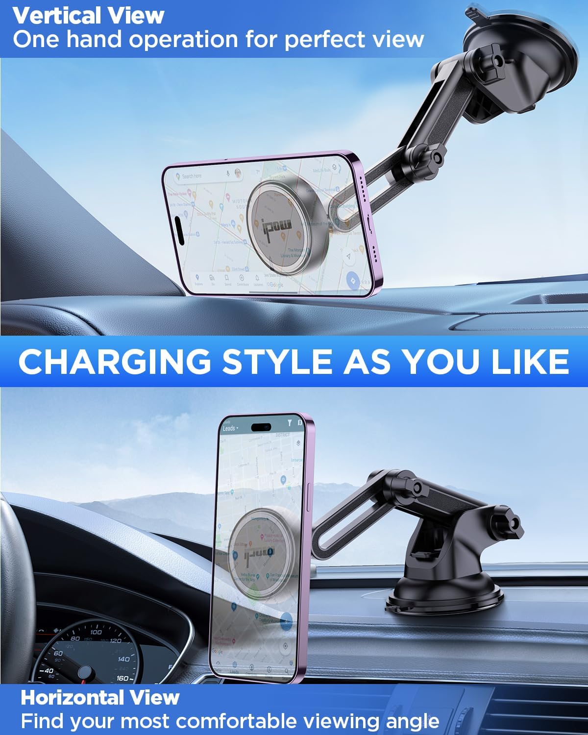 IPOW Magnetic Car Mount - Dashboard & Windshield Phone Holder for iPhone 14/13/12 Series, Tap & Secure Mount, Black