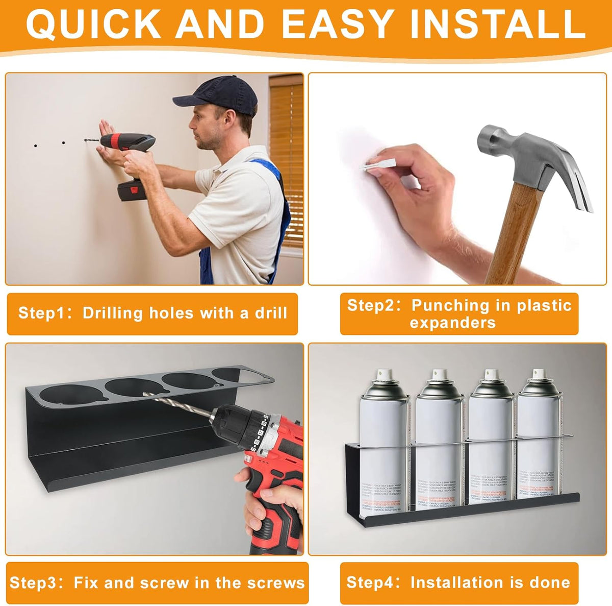 Aerosol Spray Can Holder Rack 4 Packs, Spray Bottle Organizer Wall Mounted Heavy-Duty Steel Paint Bottle Storage Rack for Garage and Workspace