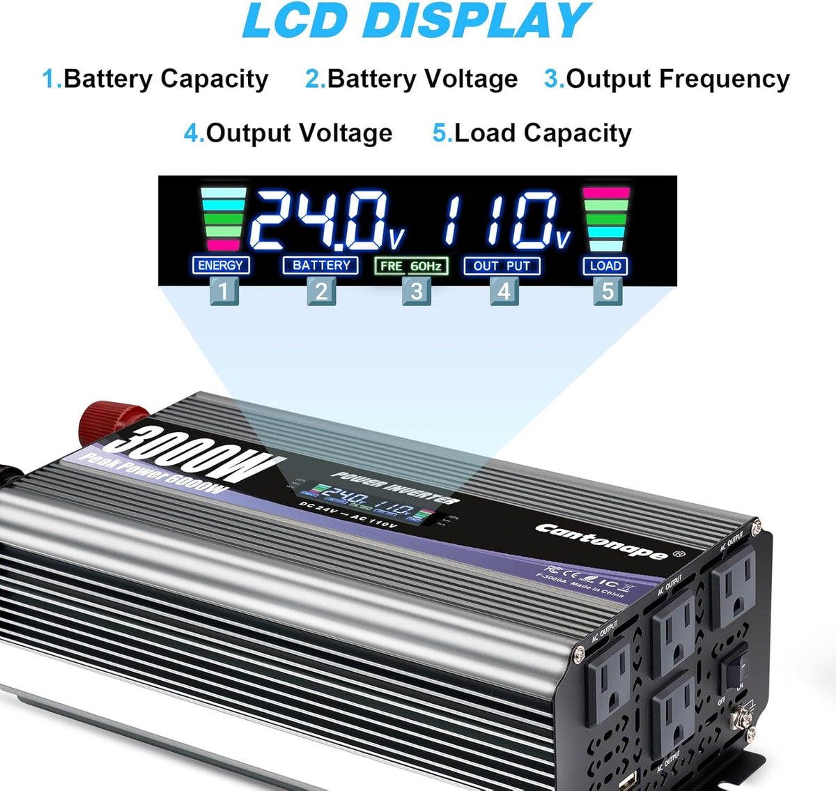 3000W Power Inverter 24V to 110V/120V DC to AC with LCD Display, Remote Controller and 4 x AC Outlets Car Adapter for Car Truck Boat RV Off Grid Solar System