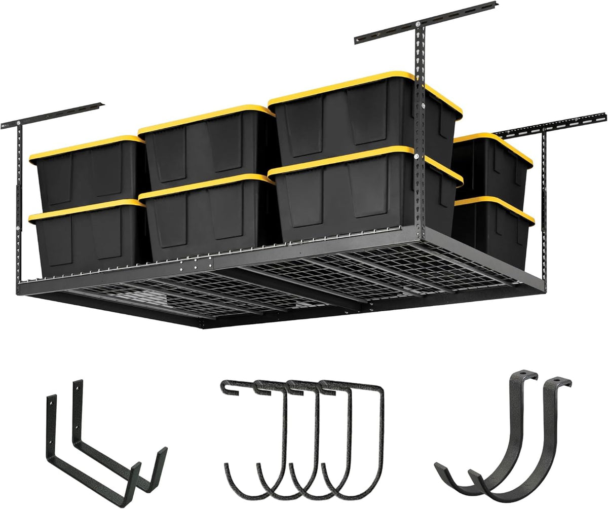 SafeRacks Overhead Storage Rack - Heavy Duty, 600 lb Capacity, Adjustable, Ceiling Mount for Garage 4x8 Hammertone (12"-21")