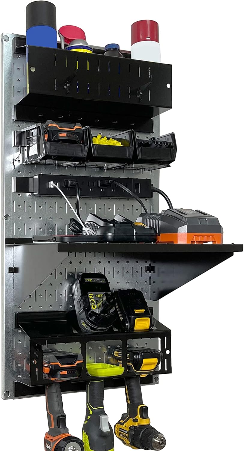 Wall Control Power Tool Storage Organizer Kit Cordless Drill Holder Charging Station Rack 16” x 32” Metal Pegboard Organization System (Metallic Pegboard)