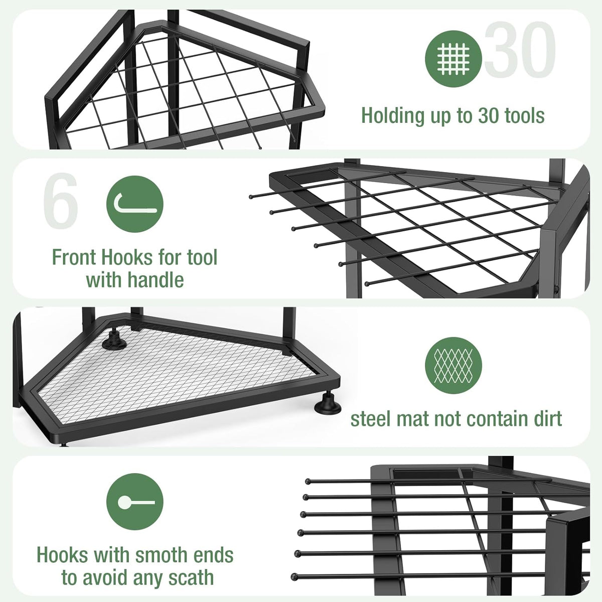 Garden Tool Organizer for Corner,Metal Yard Tool Organizer for Long-Handled Tools/Rakes/Brooms,Side Garden Pocket,Heavy Duty Steel Yard Tool Storage Rack for Garage,Shed, Outdoor
