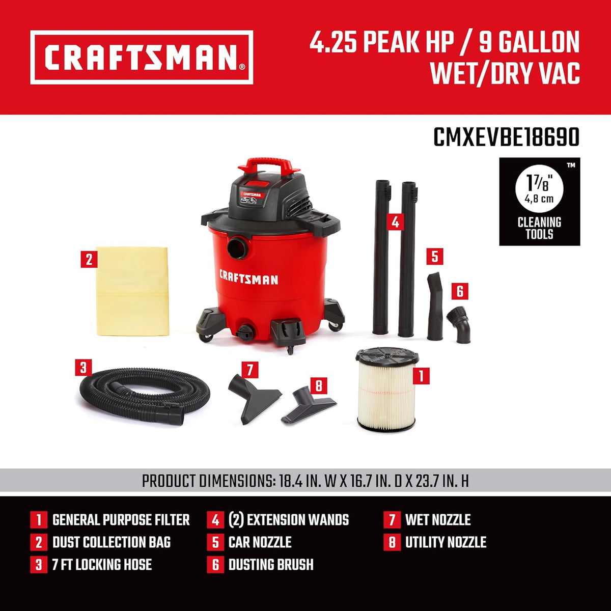 CRAFTSMAN CMXEVBE18690 9 Gallon 4.25 Peak HP Wet Dry Vac, Portable Shop Vacuum Wet and Dry with Filter, Dust Bag, Dusting Brush, Hose and Attachments for Home, Garage and Automotive Cleaning
