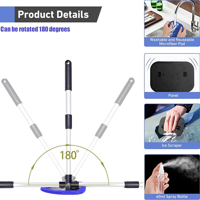 desin Windshield Cleaning Tool, Car Window Cleaner Windshield Cleaner with 4 Reusable and Washable Microfiber Pads and Extendable Handle Auto Inside Glass Wiper Kit (Dark Blue)