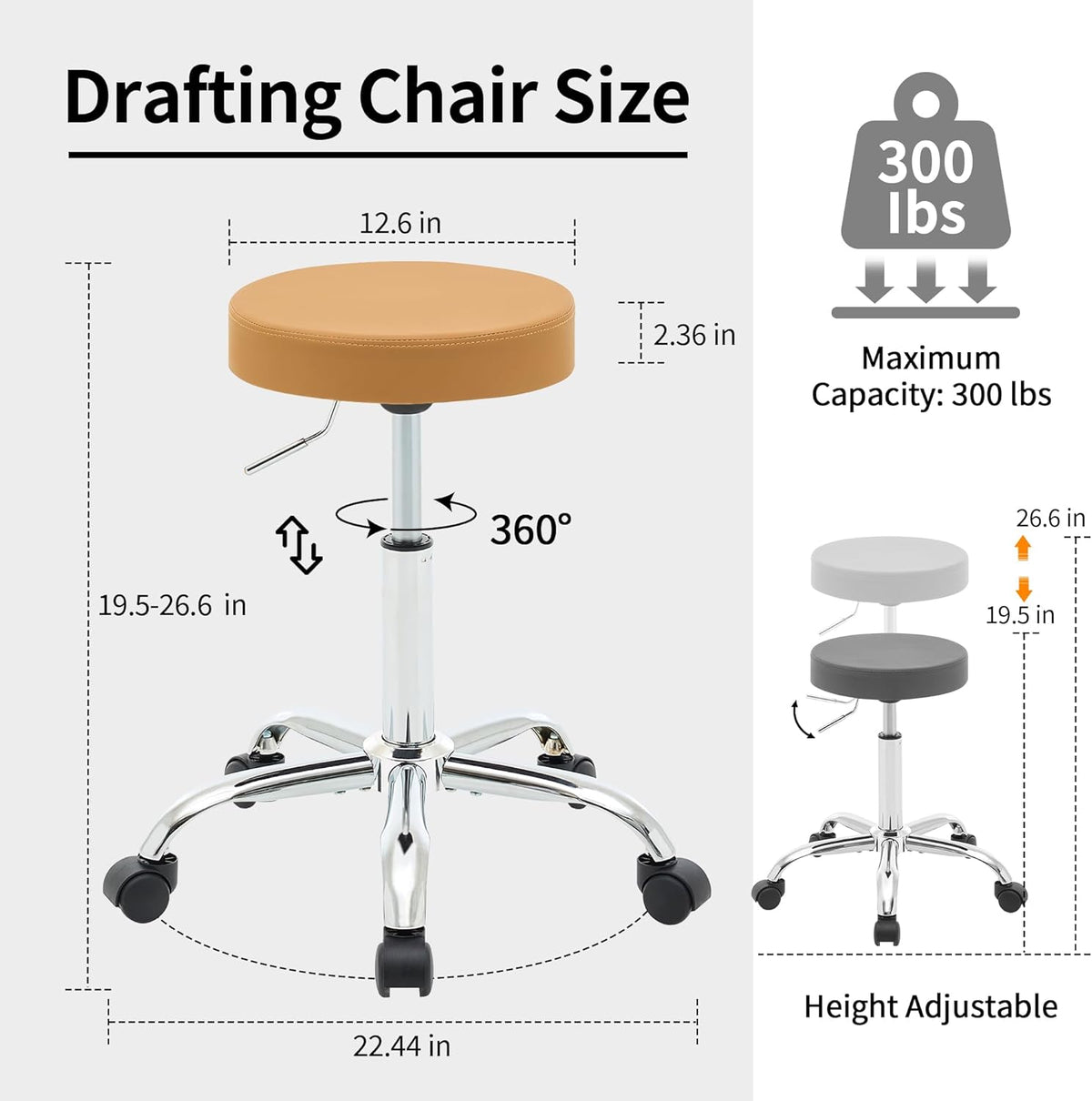 Office Desk Chair, Adjustable Swivel Rolling Stool 19.5’’-26.6’’,Camel Brown Desk Stool with Wheels (Camel Brown)