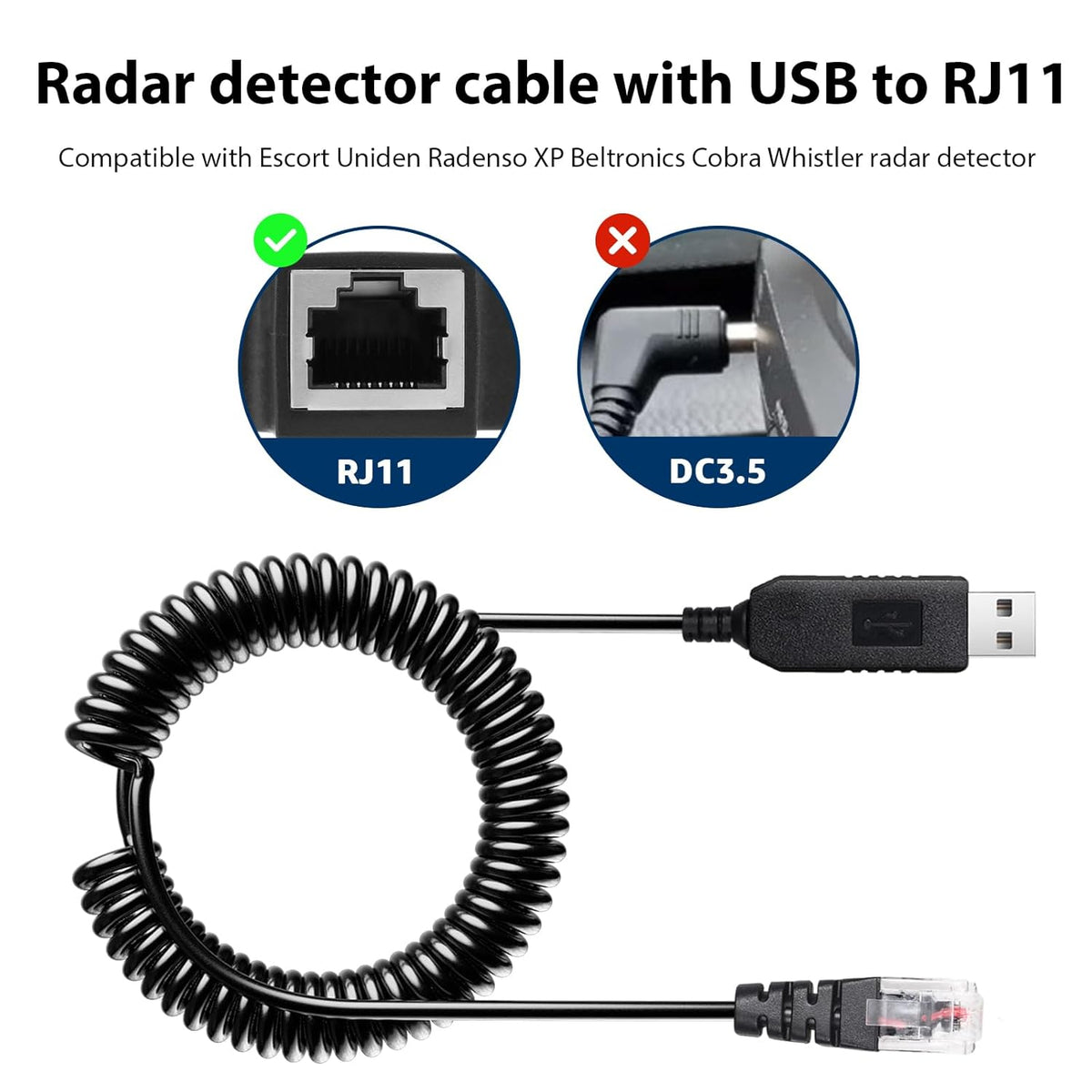 USB to RJ11 Plug Radar Detector Power Cable,USB 5V-12V Power Cable Compatible with Escort,Uniden,Radenso XP,Beltronics,Cobra & Whistler Radar Detectors (9.84FT Length)