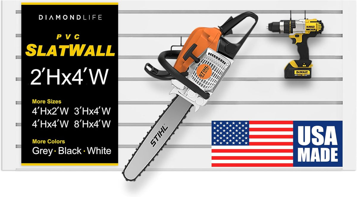 2'H x 4'W Slatwall Panel Garage Wall Organizer: Heavy Duty Wall Mounted PVC Wall Rack, Interlocking Slat Wall Paneling for Garage Wall Storage, Slatwall Board or Slatwall Shelves System - White