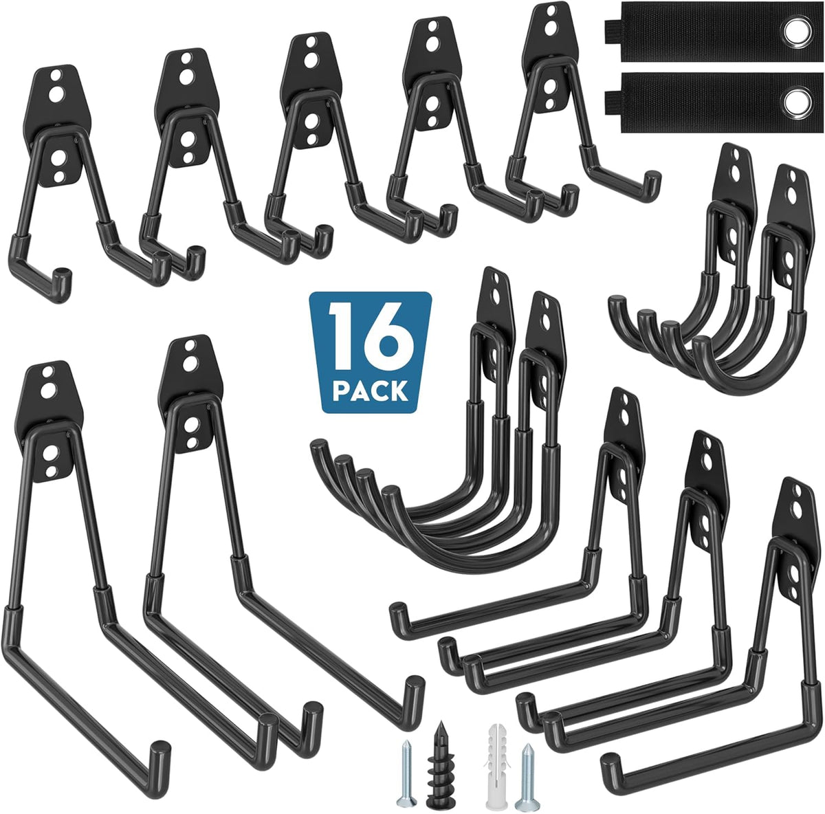 BONTEC Heavy Duty Garage Hooks, Anti-Slip Coated Black Steel with Strong Load Capacity, Multi-Sized U and J Hooks, Easy Wall Mount for Garage, Garden, Workshop (Black, 16 Pack)