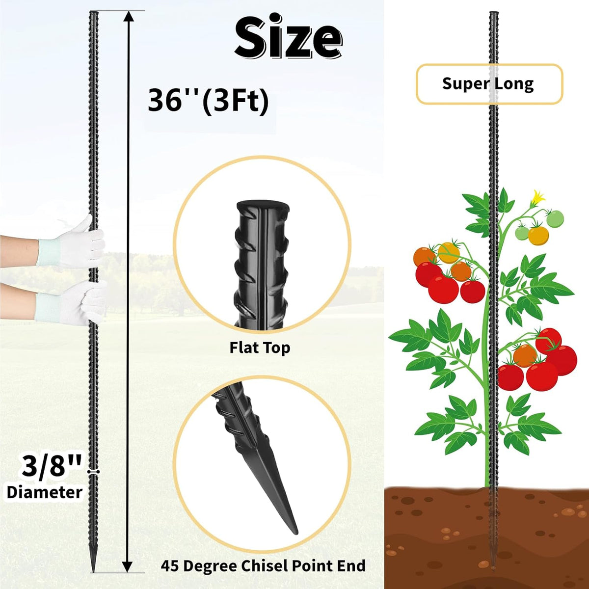 Rebar Stakes 36 inches 16-Pack Concrete Form Stakes Straight 3/8" Diameter Rebar Ground Metal Stakes for Landscaping, Securing Fence, Garden Plants Support, Survey Markers and Securing Trees