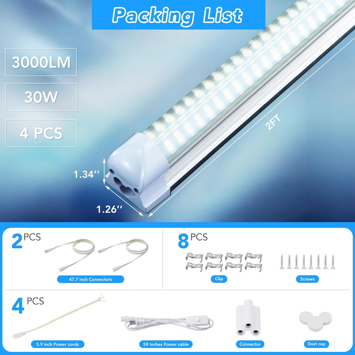 4 Pack 2FT T8 LED Shop Lights, 30W Integrated Tube Light, 4800LM 6000-6500K Daylight, Linkable Lighting, Plug & Play Energy-Saving Commercial Bay Lighting for Garage Warehouse Basement (V4)