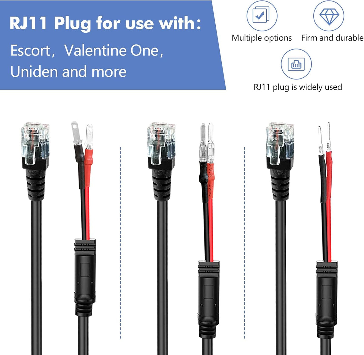Radar Detector Hardwire Power Cord, Rearview Mirror Plug Cable,with Inline Fuse Holder,Suitable for Uniden Escort Beltronics Valentine One Cobra Whistler Radar Detector,3-Piece Set,13.7'' (RJ11)