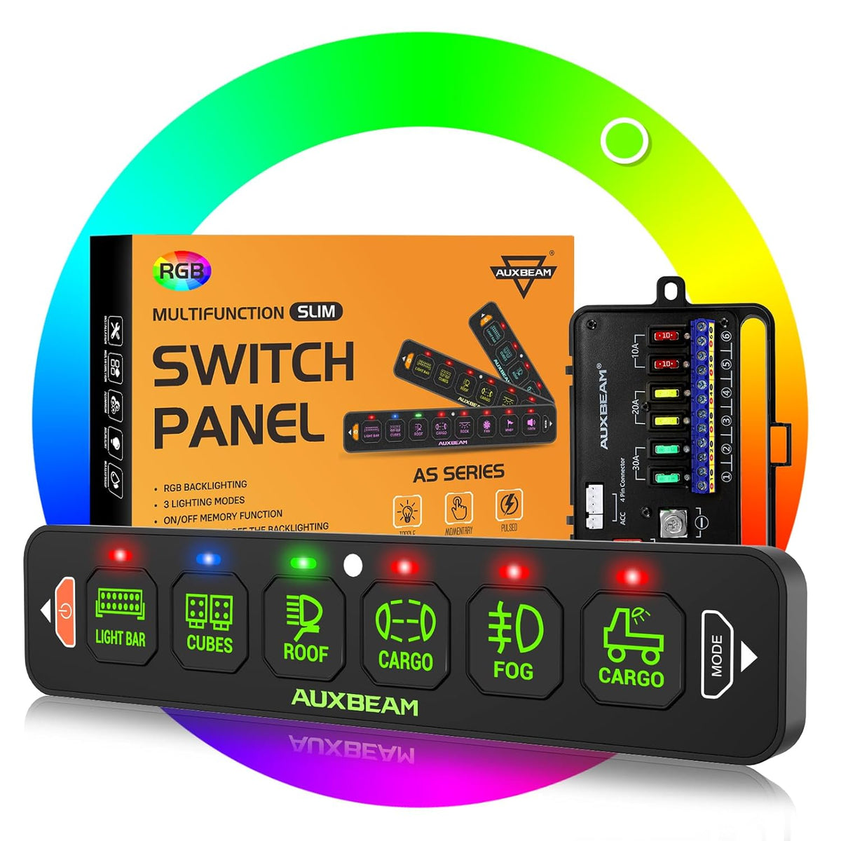 Auxbeam 6 Gang Slim Switch Panel RGB AS-R60 Toggle Momentary Pulsed Dimmable Backlight Multifunction Switch Panel with Memory Function for 12-24V Truck Offroad Car Marine Waterproof