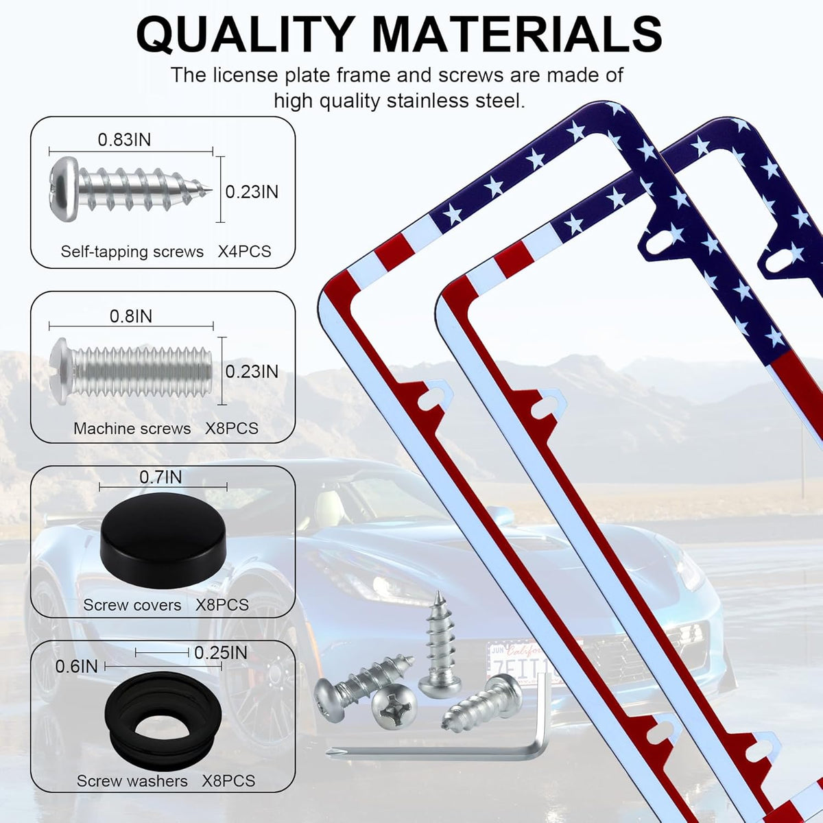 LivTee American Flag License Plate Frames, 4 Holes Stainless Steel License Plate Covers, 2PCS License Plate Holder, Automotive Exterior Accessories, Red-White-Blue