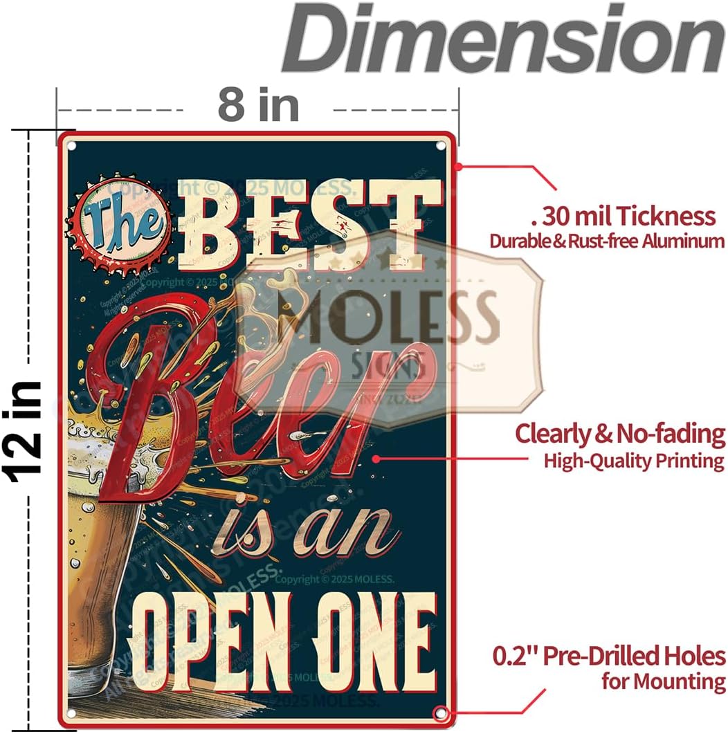 "The Best Beer is an Open One" Funny Bar Sign or Man Cave Decor | 12x8″ Durable Vintage Metal Beer Signs Wall Decorations for Home Bar/Basement/Garage/Mancave, 2347