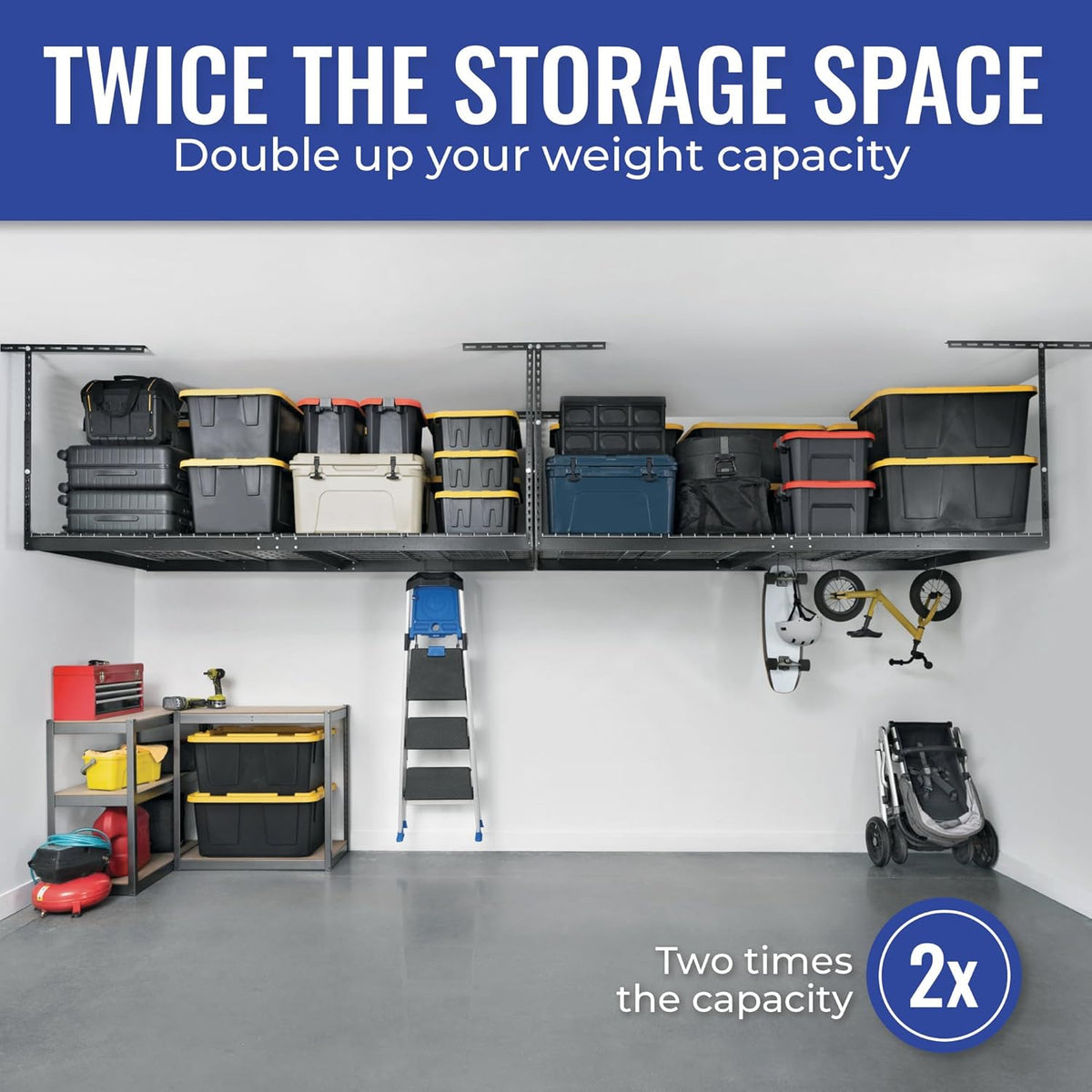 SafeRacks Overhead Storage Rack, Heavy Duty 600 lb Capacity, Adjustable Garage Ceiling Mount Hammertone 24"-45" 2 Pack