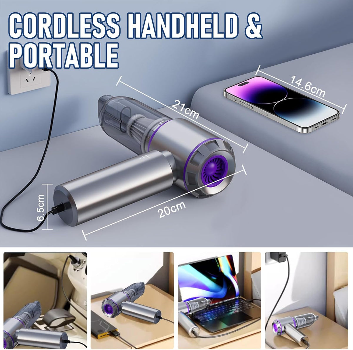 Car Vacuum Portable Cordless 20000PA High Power Mini Vacuum Cleaner 4-in-1 Compressed Air Duster & Air Blower & Pump Hand Held Vacuum with Brushless Motor for Car, Home, Office,Camping