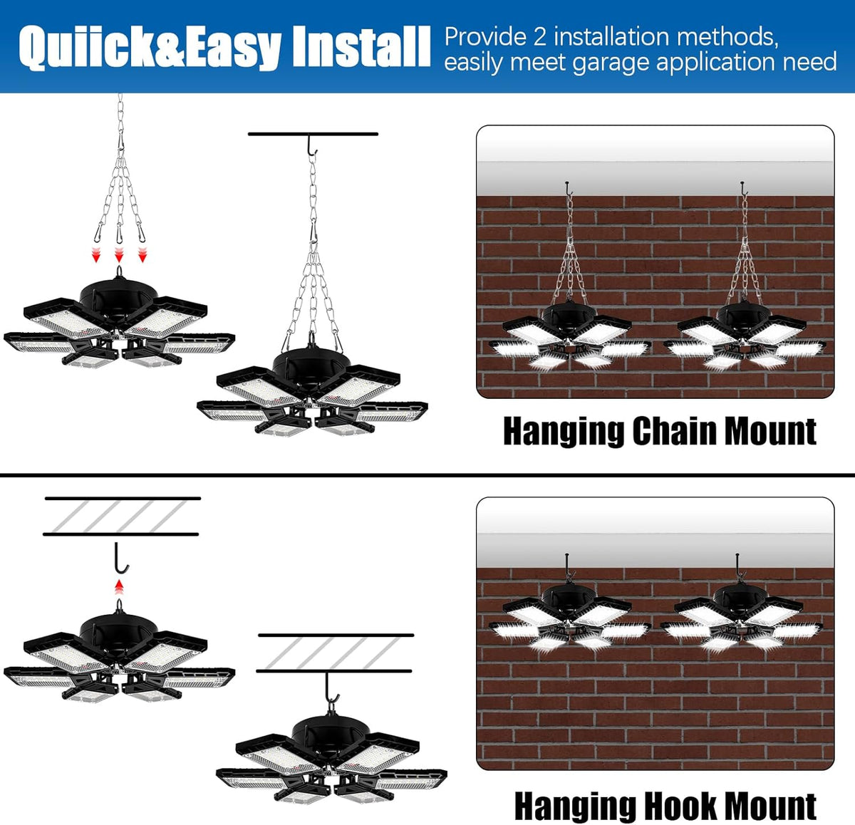 LED Garage Lights 4 Pack -180W, 18000LM 6500K Led Shop Light with 6+1 Deformable Panels, Basement Barn Light Garage Ceiling Lights, E26/E27 for Garage, Warehouse, Shop, Basement