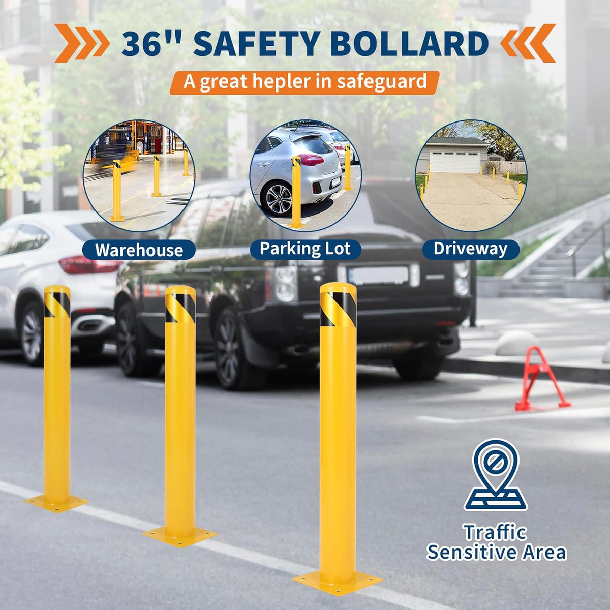 4.5x42 Inch Safety Bollard Post - Yellow Steel Bollard with Anchor Bolts (1-Pack) for Parking Lots, Walkways & Traffic Areas