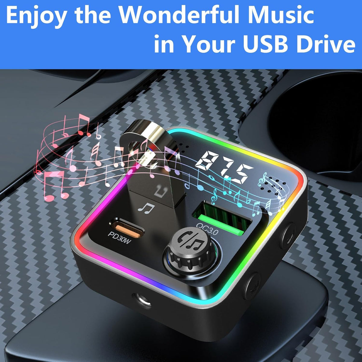 Bluetooth FM Transmitter for Car - Bluetooth Car Adapter with Type-C PD(30W) Charger, Dual QC3.0 USB Port, Aux Port - Support Handsfree Calling, 7 Colors Backlight, U Disk, MP3 Player
