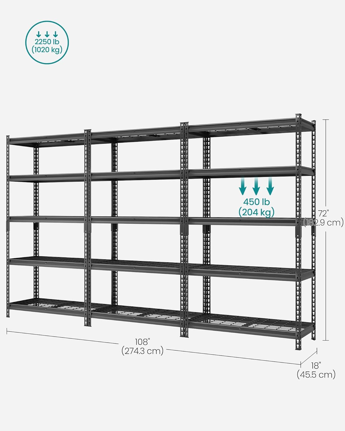 SONGMICS 5-Tier Storage Shelves Set of 3, Heavy-Duty Garage Shelving, Adjustable Shelving Unit, Steel Shelf, Boltless Assembly, for Garage, 2,250 lb Load, 18 x 108 x 72 Inches, Ink Black UGLR453B03
