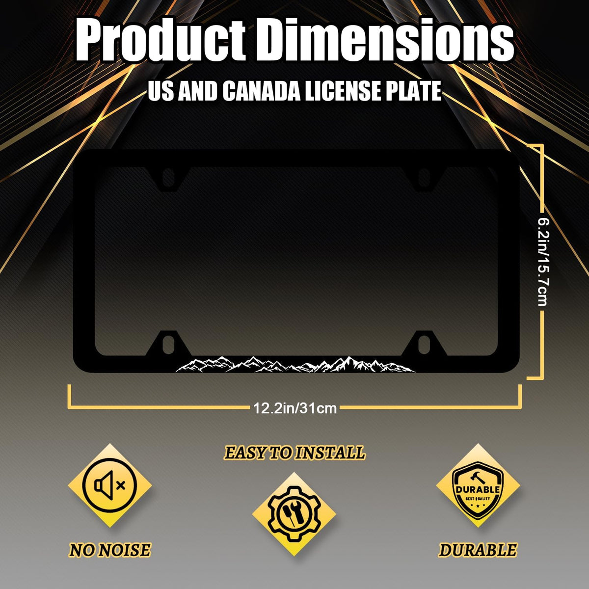 Mountain License Plate Frame Mountain License Plate Holder Stainless Steel Black Funny License Plate for USA Canada 6.3" X 12.3" with 4 Holes and Screws